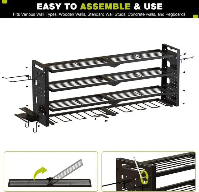 Alt view image 7 of 7 - NattyDot Power Tool Drill Holder Wall Mount, 4Tier Garage Organizer, Black | 4-tier Utility Rack Stores 8 Cordless Drills, Batteries and Accessories while Freeing Extra Garage Wall Storage Space