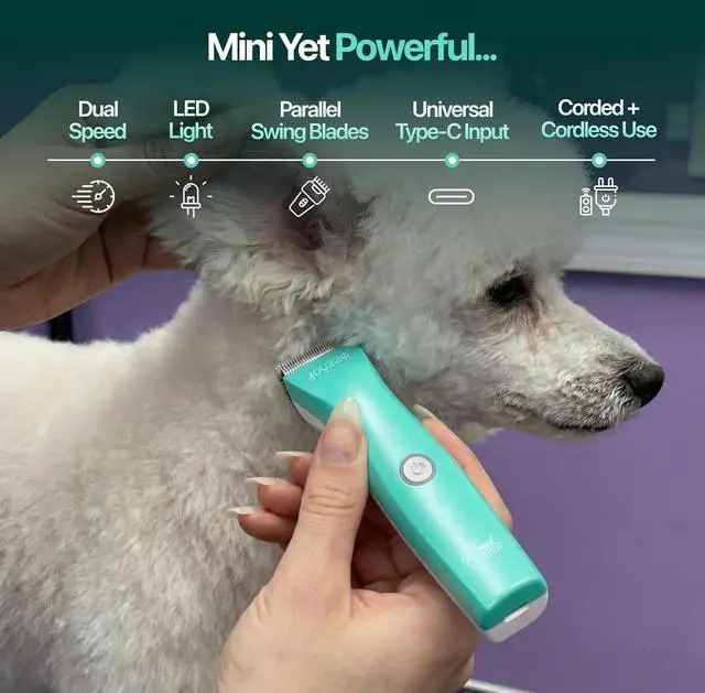 Alt view image 3 of 6 - Hornet Mini Trimmer - Compact and Portable Pet Trimming Clippers for Grooming - Low Noise, Rechargeable Cordless Dog Hair Grooming Clippers - Teal