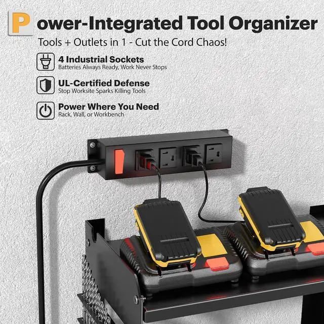 Alt view image 2 of 7 - Spampur Power Tool Organizer Wall Mount with Charging Station | 3 Layer Heavy Duty Metal Tool Storage Rack Loads 420lbs with 6 Cordless Drill Holder, Garage Workshop