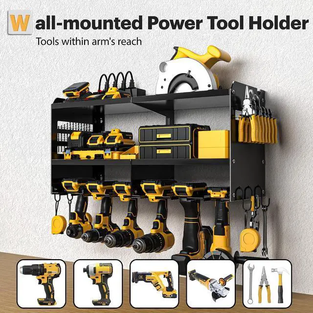 Alt view image 3 of 7 - Spampur Power Tool Organizer Wall Mount with Charging Station | 3 Layer Heavy Duty Metal Tool Storage Rack Loads 420lbs with 6 Cordless Drill Holder, Garage Workshop