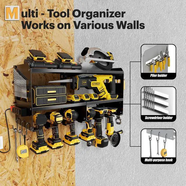 Alt view image 4 of 7 - Spampur Power Tool Organizer Wall Mount with Charging Station | 3 Layer Heavy Duty Metal Tool Storage Rack Loads 420lbs with 6 Cordless Drill Holder, Garage Workshop
