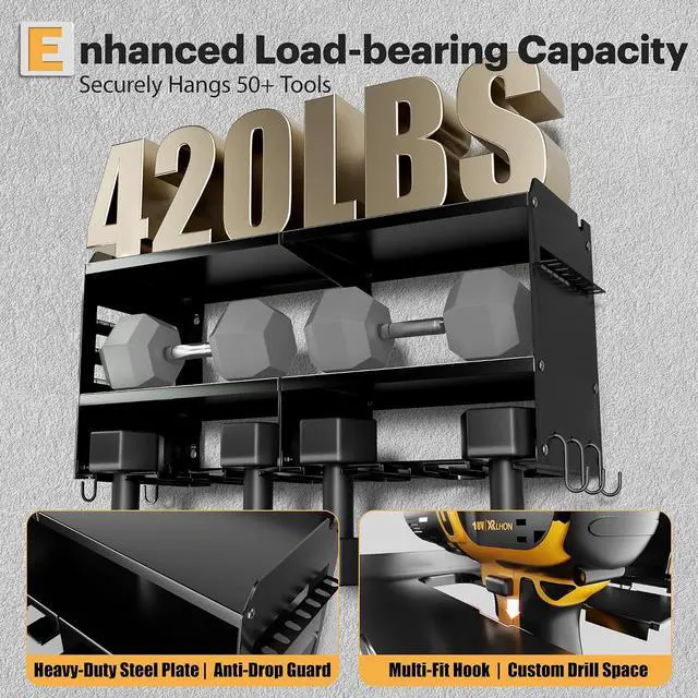 Alt view image 5 of 7 - Spampur Power Tool Organizer Wall Mount with Charging Station | 3 Layer Heavy Duty Metal Tool Storage Rack Loads 420lbs with 6 Cordless Drill Holder, Garage Workshop
