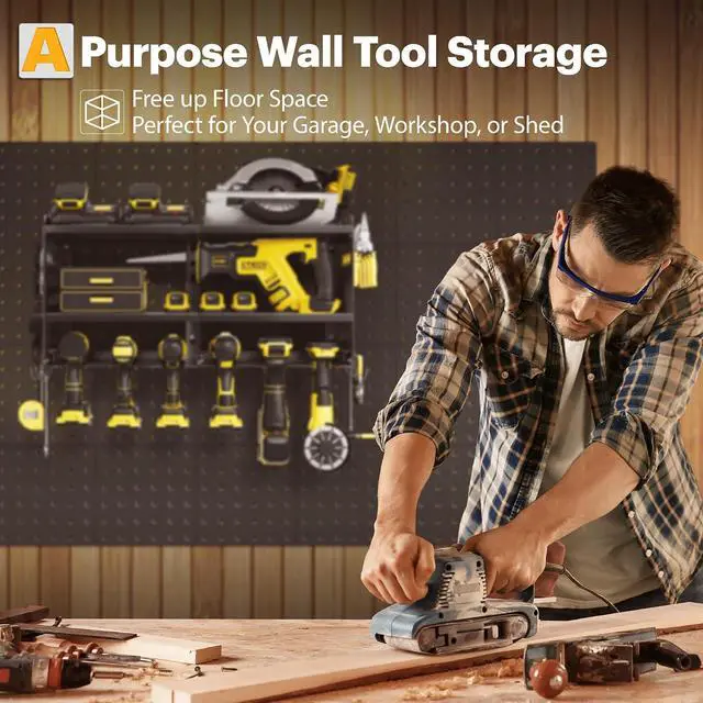 Alt view image 7 of 7 - Spampur Power Tool Organizer Wall Mount with Charging Station | 3 Layer Heavy Duty Metal Tool Storage Rack Loads 420lbs with 6 Cordless Drill Holder, Garage Workshop