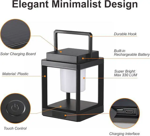 Alt view image 4 of 7 - Outdoor Table Lamp, Brightness LED Nightstand Lantern, Portable Rechargeable Solar Lamp Waterproof, Touch Control Outdoor Lamps Cordless Lights Decorative for Patio/Walking/Reading/Camping