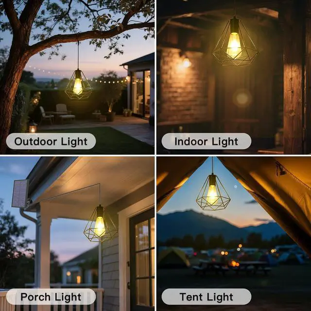 Alt view image 3 of 7 - Solar Pendant Lights, Solar Powered Shed Light with Pull Cord | Solar Chandelier Outdoor, Solar Gazebo Lights with Warm White Bulb for Yard Patio Balcony Barn Garage