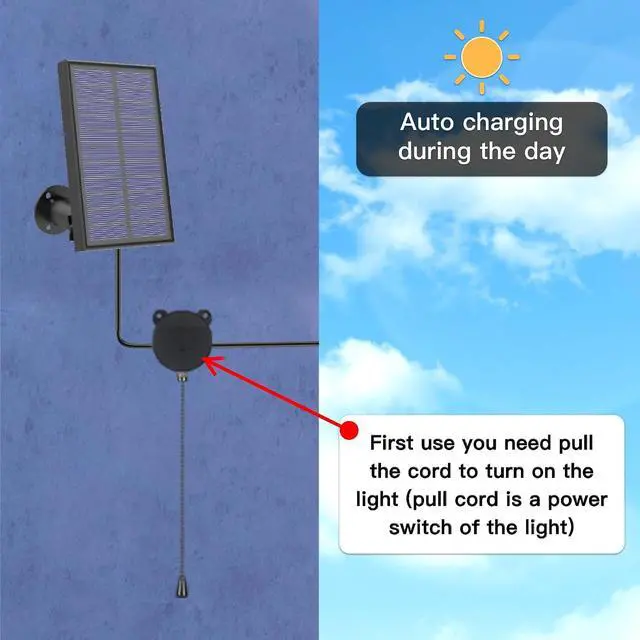 Alt view image 6 of 7 - Solar Pendant Lights, Solar Powered Shed Light with Pull Cord | Solar Chandelier Outdoor, Solar Gazebo Lights with Warm White Bulb for Yard Patio Balcony Barn Garage