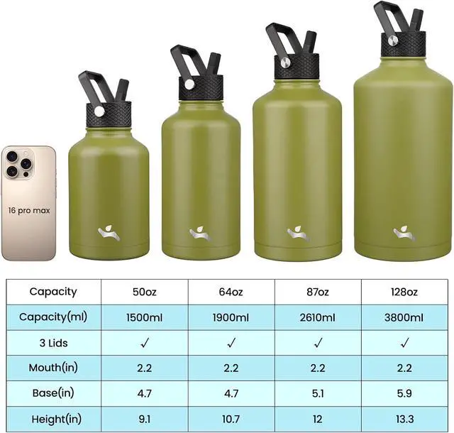 Alt view image 4 of 7 - Konokyo 128 oz Insulated Stainless Steel Water Bottle Jug with Handle | BPA-free, leak-proof water jug with 3 lids, pouch and paracord handle for gym, work, camping & outdoor hydration, ForestGreen