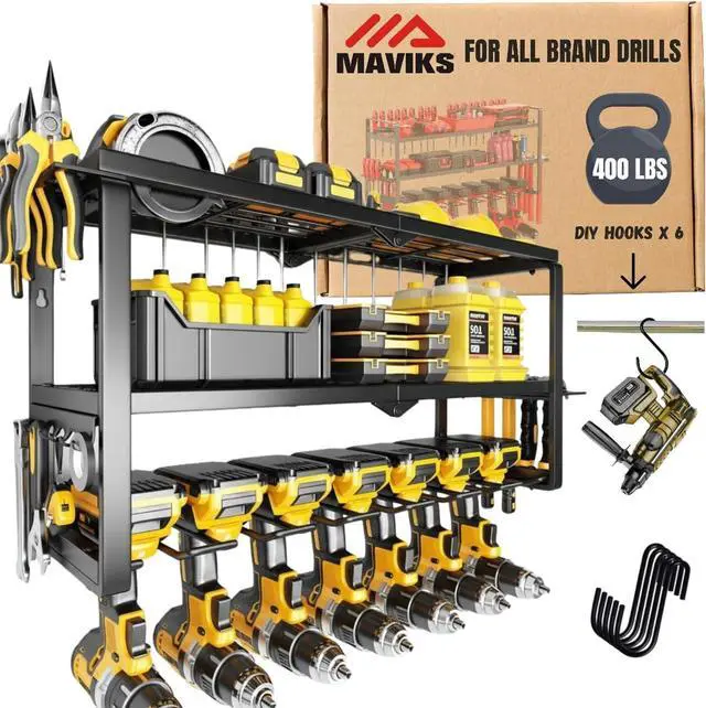 Main image of 3 Shelf 7 Drill Holder Power Tool Organizer Wall Mount, Tool Storage Rack for Garage, Pegboard, Workshop walls | Compatible for all type of Cordless Power tools Comes With J hooks for Cords