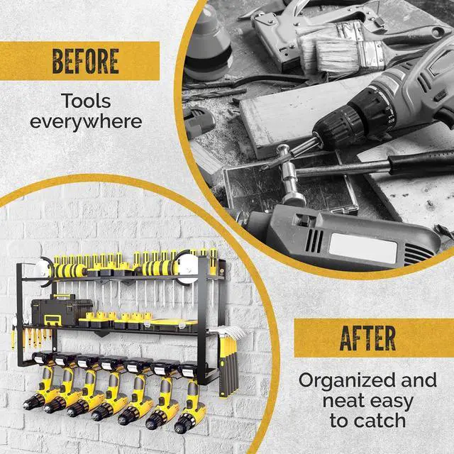 Alt view image 4 of 7 - 3 Shelf 7 Drill Holder Power Tool Organizer Wall Mount, Tool Storage Rack for Garage, Pegboard, Workshop walls | Compatible for all type of Cordless Power tools Comes With J hooks for Cords