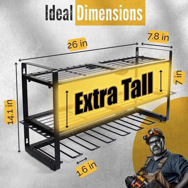 Alt view image 2 of 7 - 3 Shelf 7 Drill Holder Power Tool Organizer Wall Mount, Tool Storage Rack for Garage, Pegboard, Workshop walls | Compatible for all type of Cordless Power tools Comes With J hooks for Cords