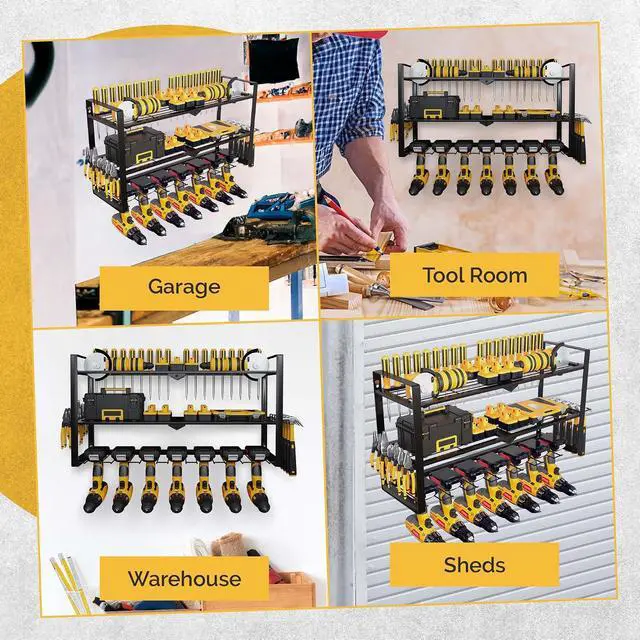 Alt view image 6 of 7 - 3 Shelf 7 Drill Holder Power Tool Organizer Wall Mount, Tool Storage Rack for Garage, Pegboard, Workshop walls | Compatible for all type of Cordless Power tools Comes With J hooks for Cords