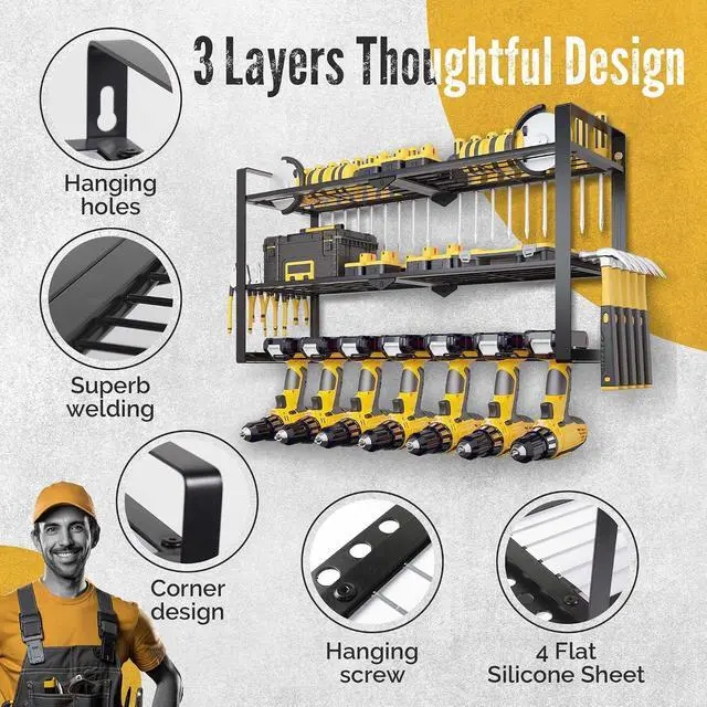 Alt view image 7 of 7 - 3 Shelf 7 Drill Holder Power Tool Organizer Wall Mount, Tool Storage Rack for Garage, Pegboard, Workshop walls | Compatible for all type of Cordless Power tools Comes With J hooks for Cords