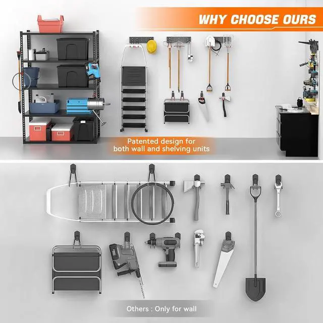 Alt view image 2 of 7 - TORACK 24 PCS Garage Storage Hooks with Tracks, Wall Mount Tool Organizer for Garden Tools, Ladders, Cords, Folding Chairs, Shovels and Rakes, Shelving Hooks for Keyhole Style Shelving Units
