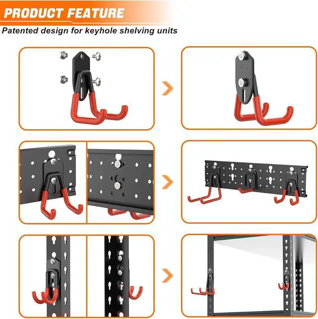 Alt view image 3 of 7 - TORACK 24 PCS Garage Storage Hooks with Tracks, Wall Mount Tool Organizer for Garden Tools, Ladders, Cords, Folding Chairs, Shovels and Rakes, Shelving Hooks for Keyhole Style Shelving Units