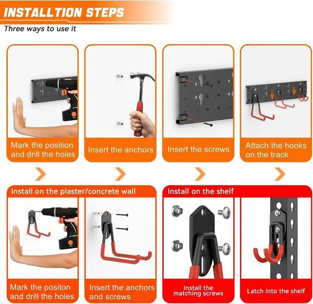 Alt view image 5 of 7 - TORACK 24 PCS Garage Storage Hooks with Tracks, Wall Mount Tool Organizer for Garden Tools, Ladders, Cords, Folding Chairs, Shovels and Rakes, Shelving Hooks for Keyhole Style Shelving Units