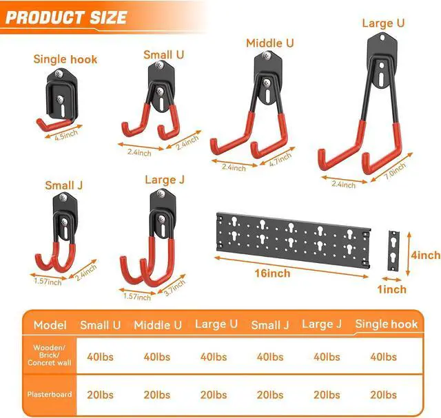 Alt view image 6 of 7 - TORACK 24 PCS Garage Storage Hooks with Tracks, Wall Mount Tool Organizer for Garden Tools, Ladders, Cords, Folding Chairs, Shovels and Rakes, Shelving Hooks for Keyhole Style Shelving Units