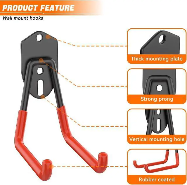 Alt view image 7 of 7 - TORACK 24 PCS Garage Storage Hooks with Tracks, Wall Mount Tool Organizer for Garden Tools, Ladders, Cords, Folding Chairs, Shovels and Rakes, Shelving Hooks for Keyhole Style Shelving Units