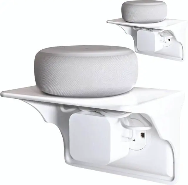 Main image of Power Perch Horizontal Outlet Shelf Organizer for Alexa Echo Dot Speakers, Phone - Wall Outlet Holder with Cord Storage Strap - Socket Shelf Bathroom Kitchen Counter Charging Station - White 2 Pack