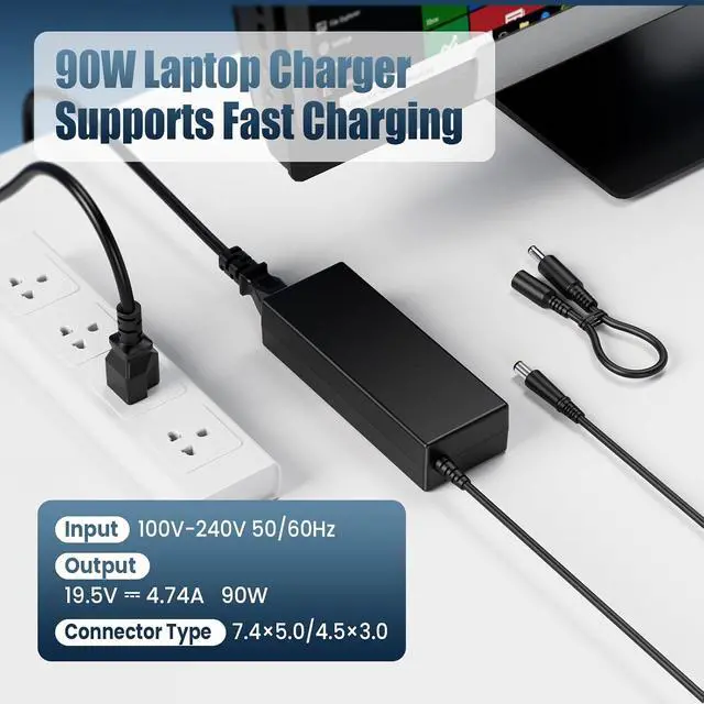 Alt view image 5 of 7 - 90W AC Adapter Power Cord for HP All-in-One Desktop 22-DD 24-DF 24-DP 22-B 20-B 23-Q 24-F 24-G Series, HP ProDesk 400 600 EliteDesk 800 Slimline 260 270 290, 19V 4.74A 7.4mm with 4.5mm Adapter Tip