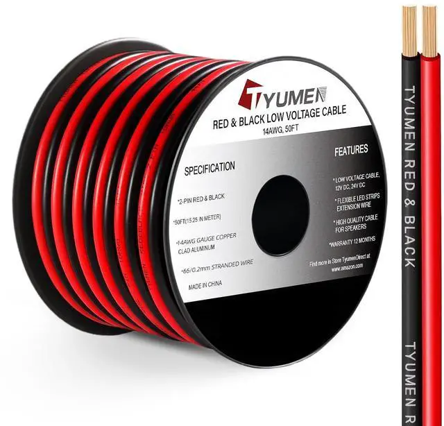 Main image of TYUMEN 14 Gauge Red Black Wire 50FT, 14/2 AWG Parallel Electrical Wire 12V/24V DC Cable, 14AWG Flexible Copper Claded Aluminum Extension Cord for LED Ribbon Lamp Tape Lighting, in-Home, Autos Use