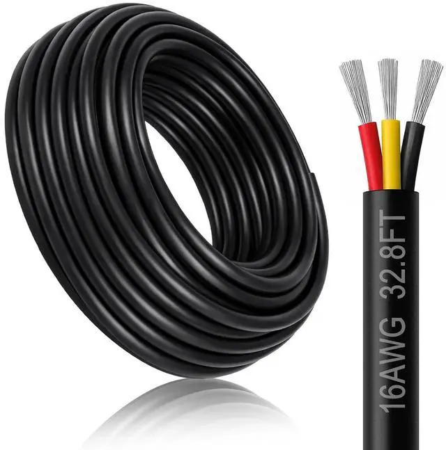 Main image of 16 Gauge 3 Conductor Electrical Wire, 32.8FT Black Stranded Low Voltage 16/3 Wire PVC Case, 16 AWG Tinned Copper 3 Wire Cable, Flexible Extension Power Cord for LED Lamp Lighting, Automotive