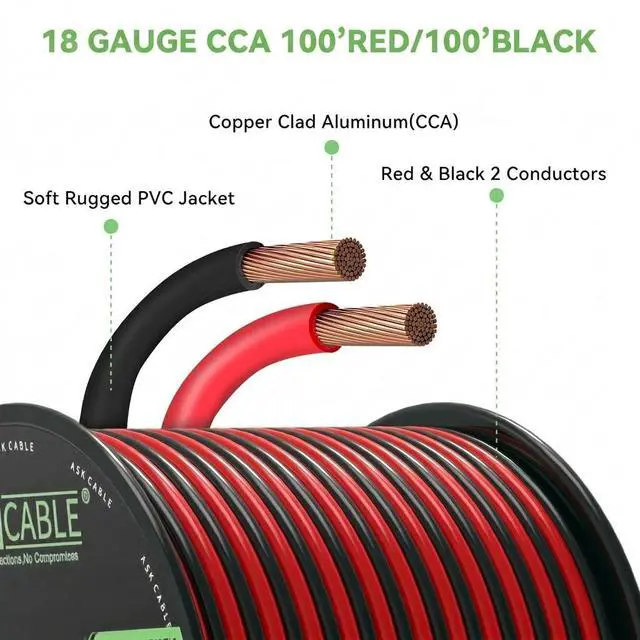 Alt view image 3 of 7 - Askcable 18 Gauge Wire, 18 AWG Electrical Wire Cable, 2 Conductors Red Black Wire, Copper Clad Aluminum(CCA) Flexible PVC Extension Cord for Speaker, Hookup LED Strips, Automotive 12V/24V DC (100FT)