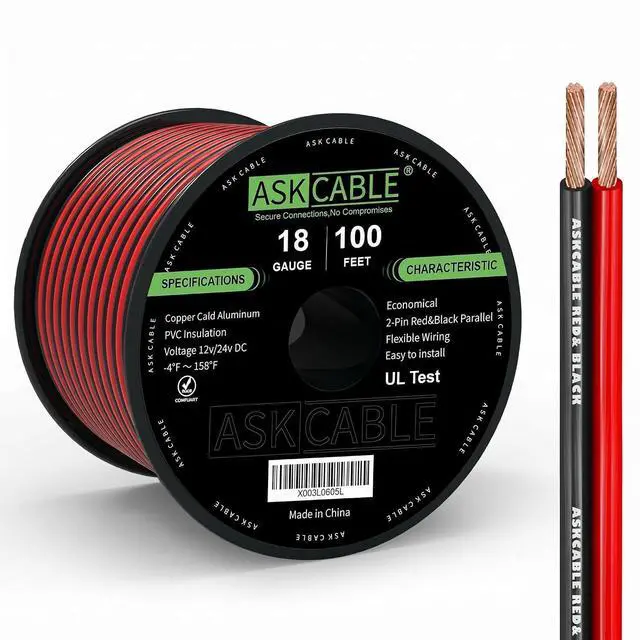 Main image of Askcable 18 Gauge Wire, 18 AWG Electrical Wire Cable, 2 Conductors Red Black Wire, Copper Clad Aluminum(CCA) Flexible PVC Extension Cord for Speaker, Hookup LED Strips, Automotive 12V/24V DC (100FT)