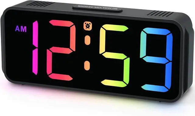 Main image of Peakeep Small Cute Digital Alarm Clock Plug-in for Kids Bedrooms Bedside | RGB Colorful Changing Large Display Full Screen, Dimmable 6 Brightness, Corded Electric Battery Backup (Black - RGB)