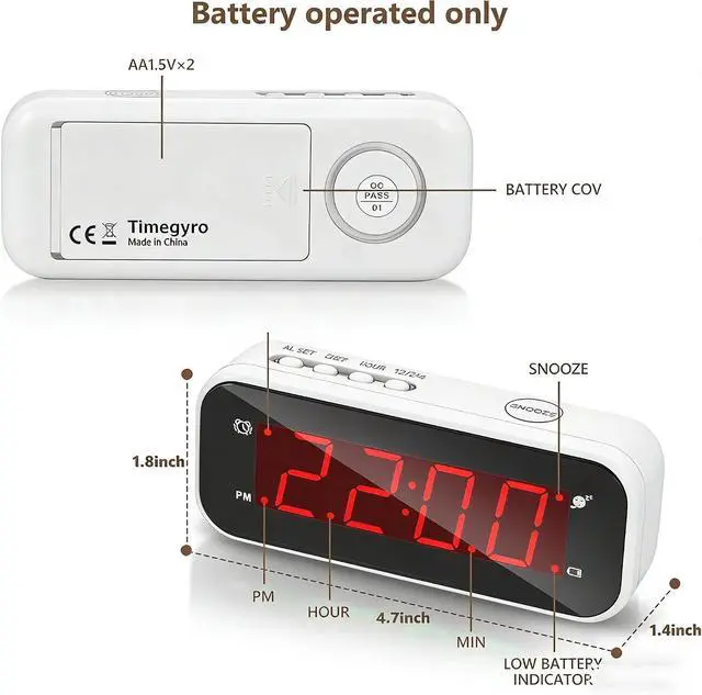 Alt view image 2 of 4 - Small Digital Clock Battery Operated, LED Travel Alarm Clock Battery Powered with Snooze, Cordless, Brightness Adjustable, 12/24Hr, Easy to Use