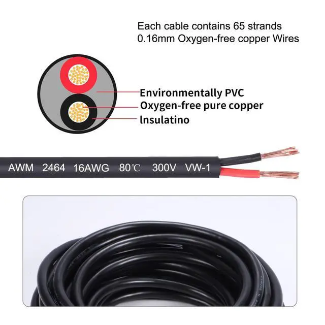 Alt view image 3 of 6 - 16 Gauge 2 Conductor Electrical Wire 16AWG Electrical Wire Stranded PVC Cord Oxygen-Free Copper Cable 200FT/61M Flexible Low Voltage LED Cable for LED Strips Lamps Lighting Automotive(16/2AWG-200FT)