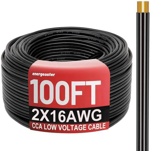 Main image of Energeaster 100FT 16 Gauge 16/2 Low Voltage Landscape Wire Black | 16AWG 2 Conductors Outdoor Low-Voltage Cable Direct Burial Hookup LED Lighting Strips Flexible Cable Copper Clad Aluminum