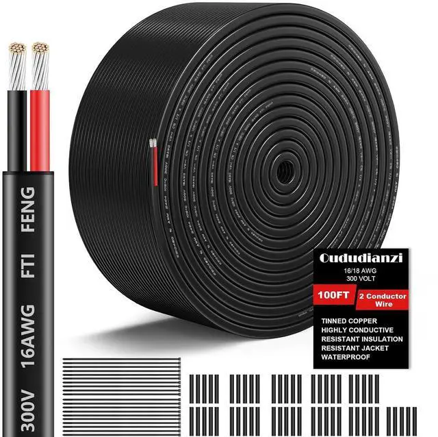 Main image of 16 Gauge Wire 2 Conductor Electrical Wire, 16 AWG 100FT Stranded PVC Cord 100FT- 16/2 Cable 12V Low Voltage/Oxygen-Free Tinned Copper/Flexible Automotive Wire for Marine Lamps Lighting-30M