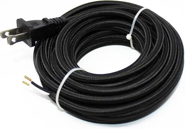 Main image of 18/2 20Ft Vintage Cable Flexible Fabric Antique Wire Power Cord with Plug Black 18 AWG 2 Conductor 20 Feet Pendant Lighting (10A)