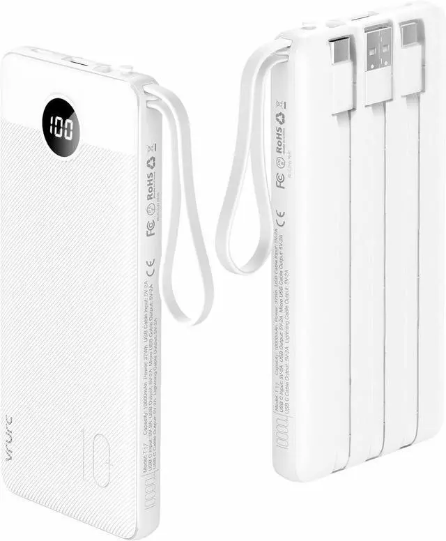 Main image of VRURC Power Bank for iPhone, 22.5W Portable Charger with Built-in Cables | 10000mAh USB C In & Out Cord Portable Phone Charger,Slim Lightweight Charging Bank Travel Essentail-White(1 Pack)