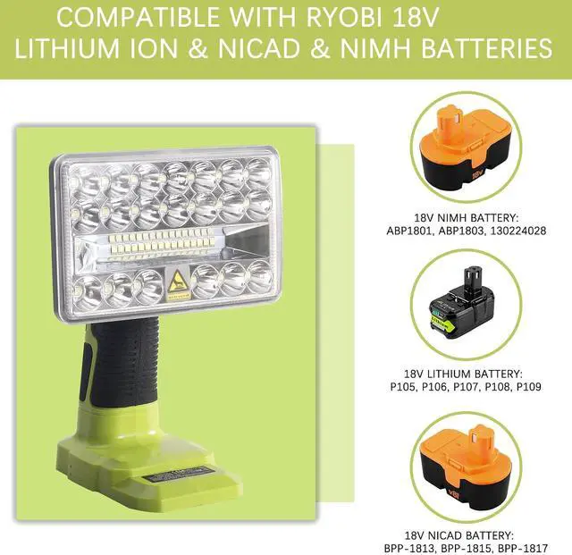 Alt view image 2 of 7 - YEX-BUR 18W 2000LM LED Work Light for Ryobi 18v Battery | Portable Flashlight, 3 Lighting Modes, for Outdoor Camping, Emergency, Power Outages