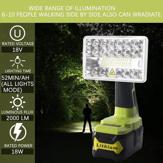 Alt view image 6 of 7 - YEX-BUR 18W 2000LM LED Work Light for Ryobi 18v Battery | Portable Flashlight, 3 Lighting Modes, for Outdoor Camping, Emergency, Power Outages