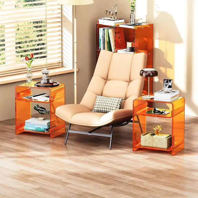 Alt view image 4 of 7 - Acrylic End Table Record Player Table with Storage Shelf Clear Side Table Nightstand, Orange | Storage Shelf