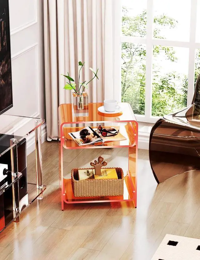 Alt view image 6 of 7 - Acrylic End Table Record Player Table with Storage Shelf Clear Side Table Nightstand, Orange | Storage Shelf