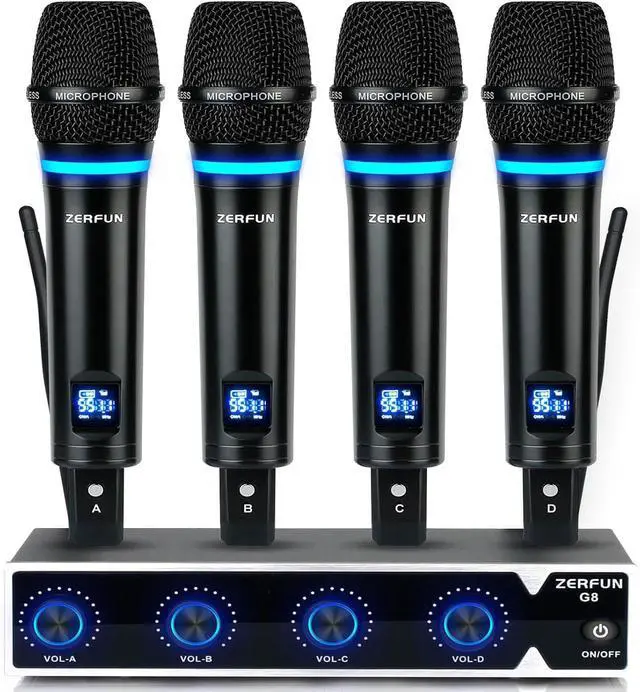 Main image of 4 Channel Rechargeable Wireless Microphone System, Pro UHF Metal Handheld Wireless Microphones Cordless Mics for Karaoke Singing Church with VOL Control, 4x50 Adjustable Frequency(G8)