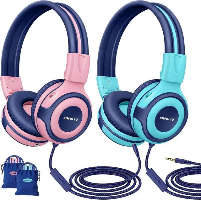 Main image of SIMOLIO Manyshare Series-2 Pack Wired Headphones for School with Share Port, 75/85/94dB Volume Limit, Kids Headphones w/Cord & Mic for Tablet iPad PC, Foldable Headsets for Travel Plane Boys Girls