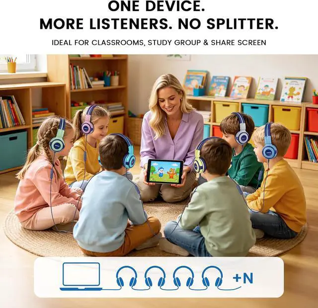 Alt view image 2 of 7 - SIMOLIO Manyshare Series-2 Pack Wired Headphones for School with Share Port, 75/85/94dB Volume Limit, Kids Headphones w/Cord & Mic for Tablet iPad PC, Foldable Headsets for Travel Plane Boys Girls