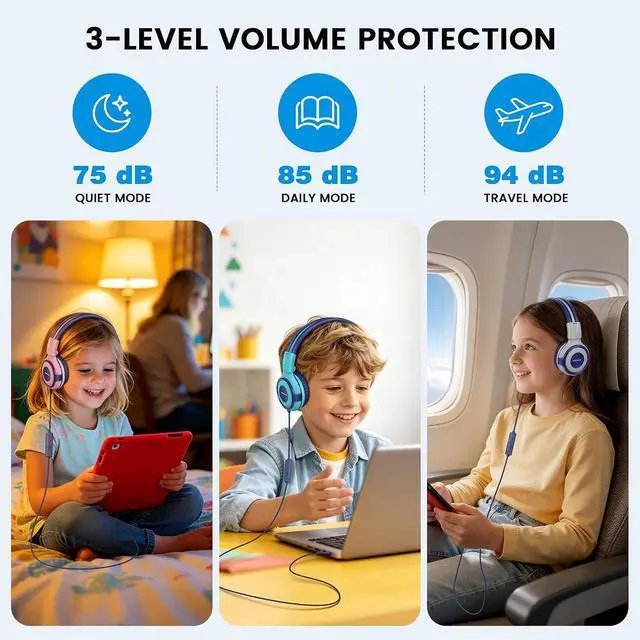 Alt view image 3 of 7 - SIMOLIO Manyshare Series-2 Pack Wired Headphones for School with Share Port, 75/85/94dB Volume Limit, Kids Headphones w/Cord & Mic for Tablet iPad PC, Foldable Headsets for Travel Plane Boys Girls