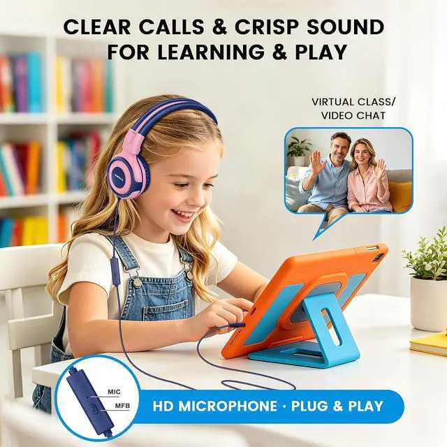 Alt view image 4 of 7 - SIMOLIO Manyshare Series-2 Pack Wired Headphones for School with Share Port, 75/85/94dB Volume Limit, Kids Headphones w/Cord & Mic for Tablet iPad PC, Foldable Headsets for Travel Plane Boys Girls