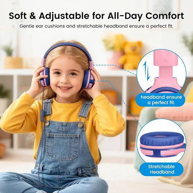 Alt view image 5 of 7 - SIMOLIO Manyshare Series-2 Pack Wired Headphones for School with Share Port, 75/85/94dB Volume Limit, Kids Headphones w/Cord & Mic for Tablet iPad PC, Foldable Headsets for Travel Plane Boys Girls