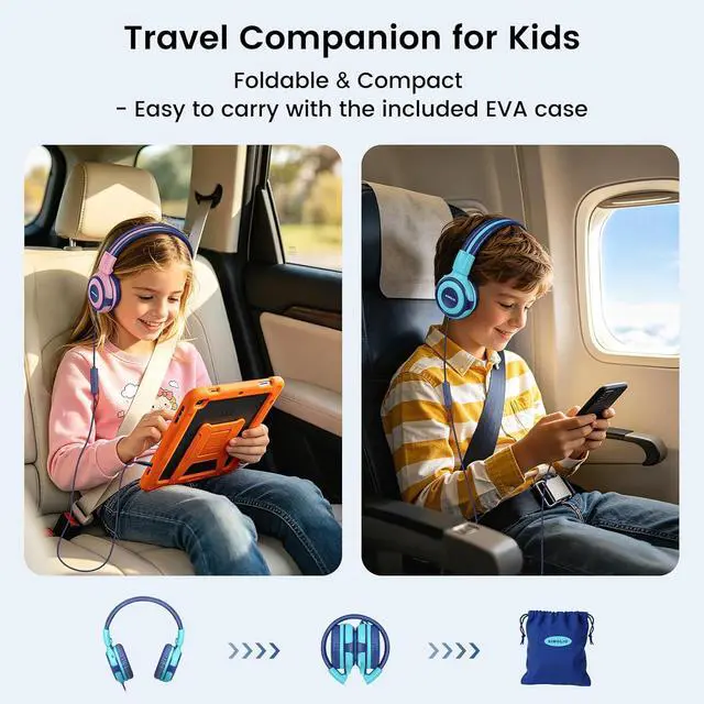 Alt view image 6 of 7 - SIMOLIO Manyshare Series-2 Pack Wired Headphones for School with Share Port, 75/85/94dB Volume Limit, Kids Headphones w/Cord & Mic for Tablet iPad PC, Foldable Headsets for Travel Plane Boys Girls