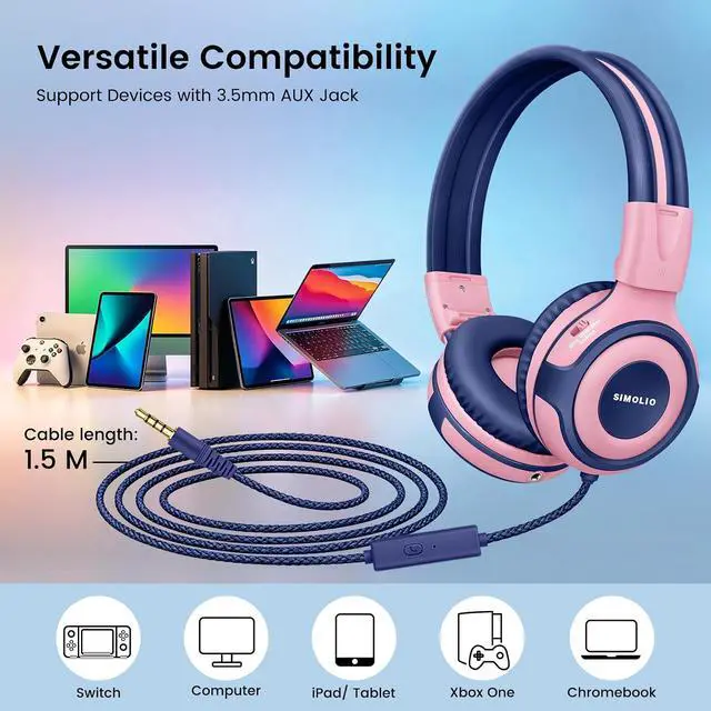 Alt view image 7 of 7 - SIMOLIO Manyshare Series-2 Pack Wired Headphones for School with Share Port, 75/85/94dB Volume Limit, Kids Headphones w/Cord & Mic for Tablet iPad PC, Foldable Headsets for Travel Plane Boys Girls