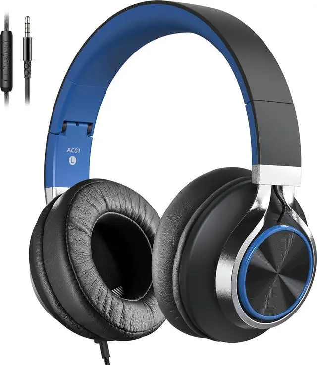 Main image of AC01 Over-Ear Headphones Wired with Mic Volume Control, Black Blue | Passive Noise Isolating Corded Stereo Headsets for Adults Teens Kids 3.5mm for School, Chromebooks, Laptop, Tablets, Travel