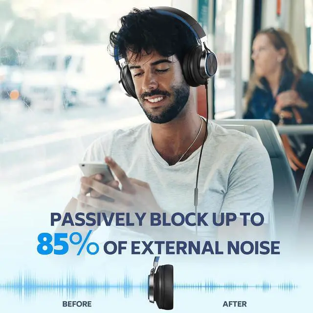 Alt view image 4 of 6 - AC01 Over-Ear Headphones Wired with Mic Volume Control, Black Blue | Passive Noise Isolating Corded Stereo Headsets for Adults Teens Kids 3.5mm for School, Chromebooks, Laptop, Tablets, Travel