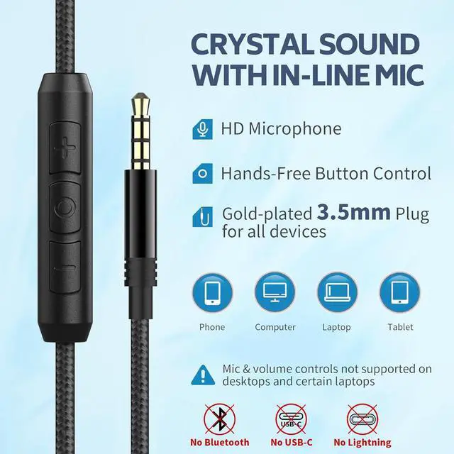 Alt view image 5 of 6 - AC01 Over-Ear Headphones Wired with Mic Volume Control, Black Blue | Passive Noise Isolating Corded Stereo Headsets for Adults Teens Kids 3.5mm for School, Chromebooks, Laptop, Tablets, Travel