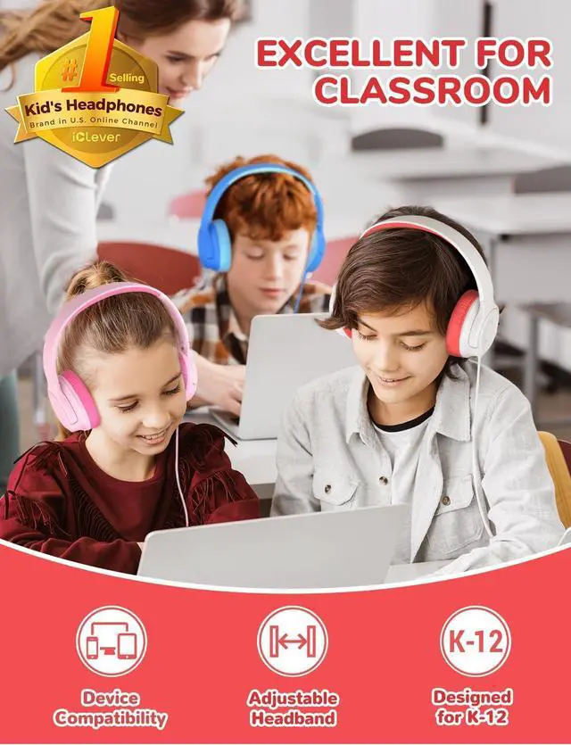 Alt view image 2 of 6 - iClever HS27 5 Pack Kids Headphones for School K-12 Online Learning Travel | SafeSound Tech3.0, Tangle Free, 3.5mm Jack, HD Stereo, Swivel Foldable, Headphones for Classroom, Bulk 5Pack, Colorful